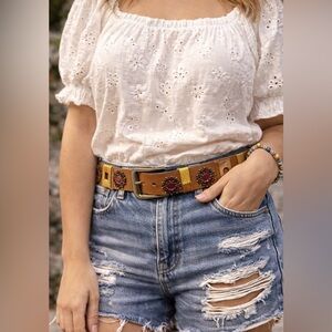 Brown Square & Red Circle Medallion BoHo Leather Belt